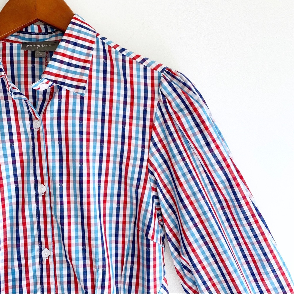 Greysn Long Puff Sleeve Button Down Peplum Shirt